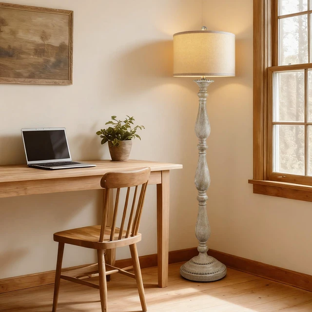 Alt view image 7 of 7 - Vintage Floor Lamp for Living Room, Rustic Farmhouse Standing Lamp with Rotary Switch and Linen Shade, Retro Resin Floor Lamp for Bedroom, Corner, Dining Room, House Decor, Grey