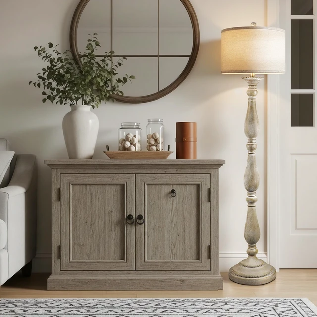 Alt view image 5 of 7 - Vintage Floor Lamp for Living Room, Rustic Farmhouse Standing Lamp with Rotary Switch and Linen Shade, Retro Resin Floor Lamp for Bedroom, Corner, Dining Room, House Decor, Grey