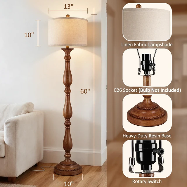 Alt view image 2 of 7 - Vintage Floor Lamp for Living Room, Rustic Farmhouse Standing Lamp with Rotary Switch and Linen Shade, Retro Resin Floor Lamp for Bedroom, Corner, Dining Room, House Decor, Wood Grain