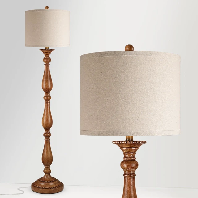 Alt view image 3 of 7 - Vintage Floor Lamp for Living Room, Rustic Farmhouse Standing Lamp with Rotary Switch and Linen Shade, Retro Resin Floor Lamp for Bedroom, Corner, Dining Room, House Decor, Wood Grain