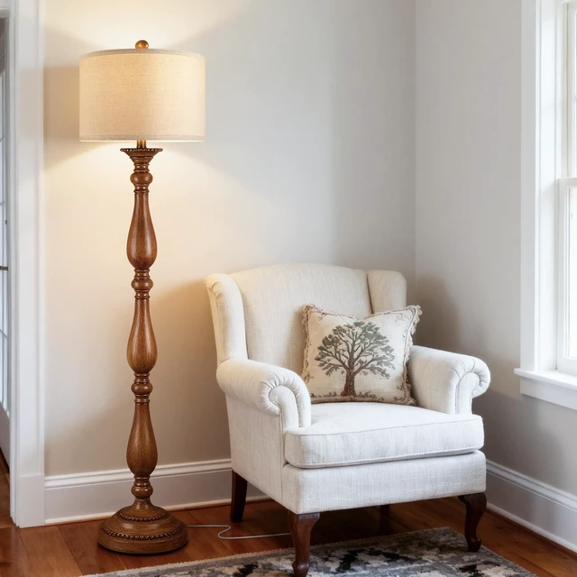 Main image of Vintage Floor Lamp for Living Room, Rustic Farmhouse Standing Lamp with Rotary Switch and Linen Shade, Retro Resin Floor Lamp for Bedroom, Corner, Dining Room, House Decor, Wood Grain