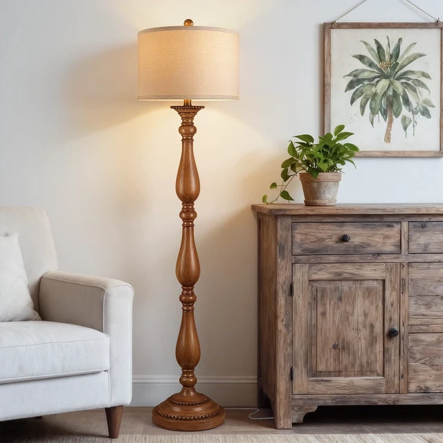 Alt view image 4 of 7 - Vintage Floor Lamp for Living Room, Rustic Farmhouse Standing Lamp with Rotary Switch and Linen Shade, Retro Resin Floor Lamp for Bedroom, Corner, Dining Room, House Decor, Wood Grain