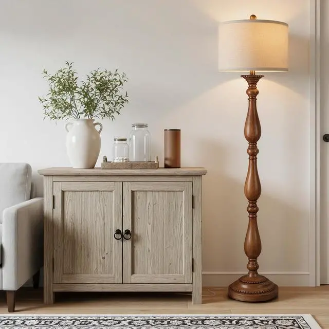 Alt view image 5 of 7 - Vintage Floor Lamp for Living Room, Rustic Farmhouse Standing Lamp with Rotary Switch and Linen Shade, Retro Resin Floor Lamp for Bedroom, Corner, Dining Room, House Decor, Wood Grain