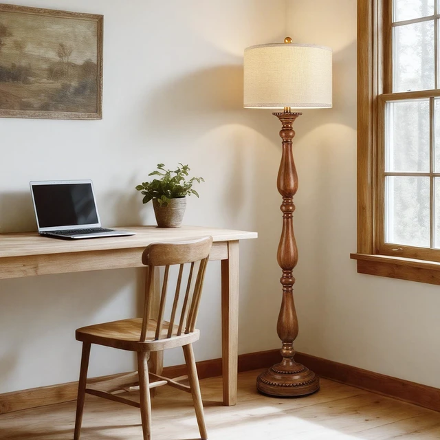 Alt view image 7 of 7 - Vintage Floor Lamp for Living Room, Rustic Farmhouse Standing Lamp with Rotary Switch and Linen Shade, Retro Resin Floor Lamp for Bedroom, Corner, Dining Room, House Decor, Wood Grain