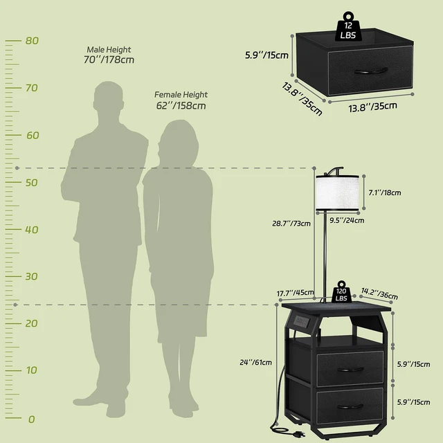 Alt view image 3 of 7 - Floor Lamp with Table, End Table with Charging Station&Light, Black 3-Color Temperature Bulb, Type C USB Port & Power Outlet, Fabric Drawers, Lamp Table Combo for Living Room Bedroom Dorm