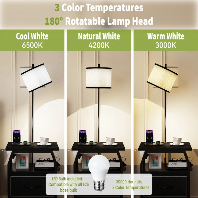 Alt view image 4 of 7 - Floor Lamp with Table, End Table with Charging Station&Light, Black 3-Color Temperature Bulb, Type C USB Port & Power Outlet, Fabric Drawers, Lamp Table Combo for Living Room Bedroom Dorm