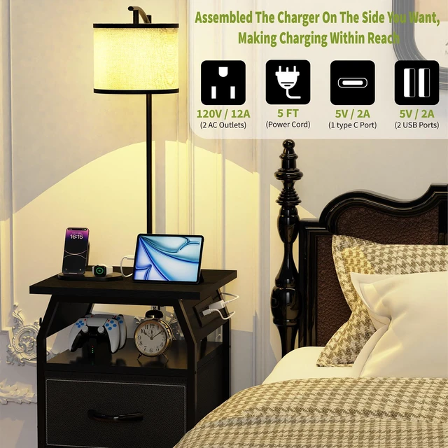 Alt view image 5 of 7 - Floor Lamp with Table, End Table with Charging Station&Light, Black 3-Color Temperature Bulb, Type C USB Port & Power Outlet, Fabric Drawers, Lamp Table Combo for Living Room Bedroom Dorm