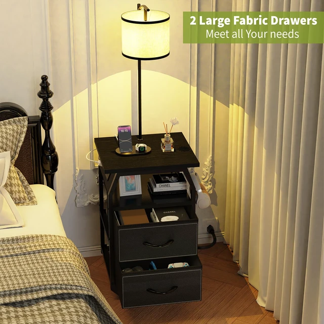 Alt view image 6 of 7 - Floor Lamp with Table, End Table with Charging Station&Light, Black 3-Color Temperature Bulb, Type C USB Port & Power Outlet, Fabric Drawers, Lamp Table Combo for Living Room Bedroom Dorm