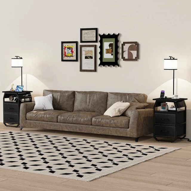 Alt view image 7 of 7 - Floor Lamp with Table, End Table with Charging Station&Light, Black 3-Color Temperature Bulb, Type C USB Port & Power Outlet, Fabric Drawers, Lamp Table Combo for Living Room Bedroom Dorm