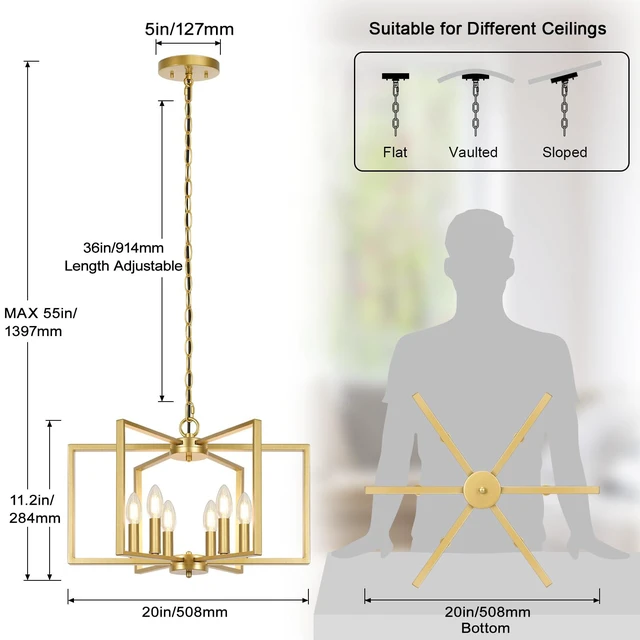 Alt view image 2 of 7 - 6 Light Gold Chandelier, Modern Farmhouse Metal Dining Room Light Fixture Industrial Geometric Ceiling Light with E12 Base, Rustic Hanging Pendant Lights for Kitchen Island Entryway Foyer, Indoor