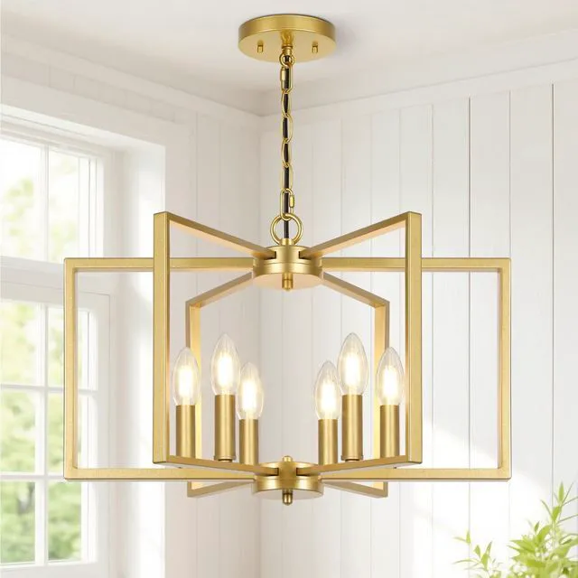 Main image of 6 Light Gold Chandelier, Modern Farmhouse Metal Dining Room Light Fixture Industrial Geometric Ceiling Light with E12 Base, Rustic Hanging Pendant Lights for Kitchen Island Entryway Foyer, Indoor