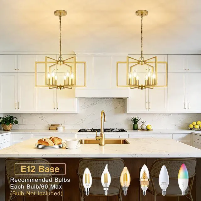 Alt view image 3 of 7 - 6 Light Gold Chandelier, Modern Farmhouse Metal Dining Room Light Fixture Industrial Geometric Ceiling Light with E12 Base, Rustic Hanging Pendant Lights for Kitchen Island Entryway Foyer, Indoor