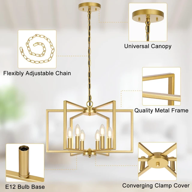 Alt view image 5 of 7 - 6 Light Gold Chandelier, Modern Farmhouse Metal Dining Room Light Fixture Industrial Geometric Ceiling Light with E12 Base, Rustic Hanging Pendant Lights for Kitchen Island Entryway Foyer, Indoor
