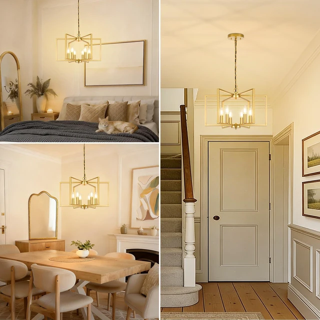 Alt view image 6 of 7 - 6 Light Gold Chandelier, Modern Farmhouse Metal Dining Room Light Fixture Industrial Geometric Ceiling Light with E12 Base, Rustic Hanging Pendant Lights for Kitchen Island Entryway Foyer, Indoor