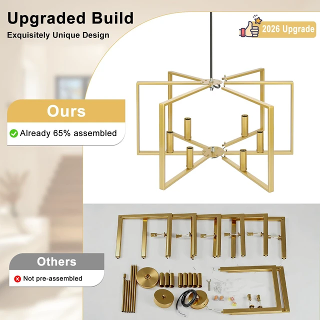 Alt view image 7 of 7 - 6 Light Gold Chandelier, Modern Farmhouse Metal Dining Room Light Fixture Industrial Geometric Ceiling Light with E12 Base, Rustic Hanging Pendant Lights for Kitchen Island Entryway Foyer, Indoor
