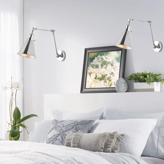 Alt view image 3 of 7 - Rover 1-Light Wall Sconce 7", Chrome, Set of 2 Adjustable Arm, Hardwired Bedside Reading Swing Arm, Farmhouse Cone Shade, Metal Hardwired Indoor Fixture, LED Bulbs Included