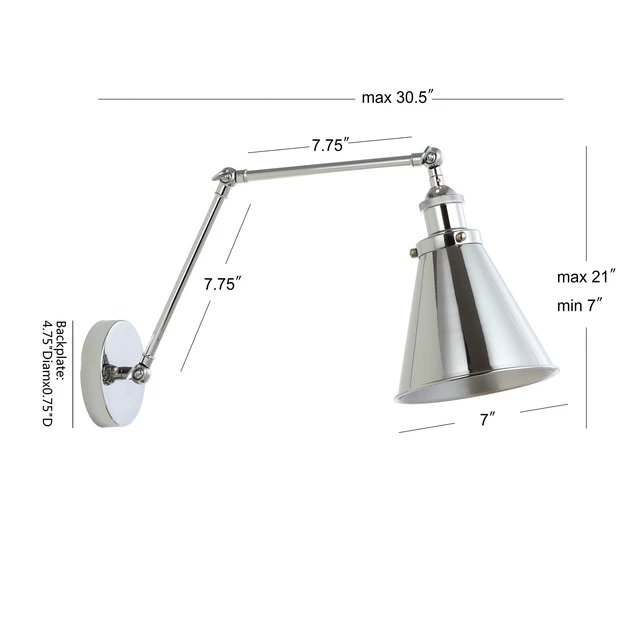 Alt view image 5 of 7 - Rover 1-Light Wall Sconce 7", Chrome, Set of 2 Adjustable Arm, Hardwired Bedside Reading Swing Arm, Farmhouse Cone Shade, Metal Hardwired Indoor Fixture, LED Bulbs Included