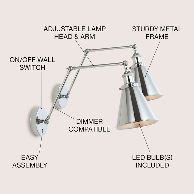 Alt view image 4 of 7 - Rover 1-Light Wall Sconce 7", Chrome, Set of 2 Adjustable Arm, Hardwired Bedside Reading Swing Arm, Farmhouse Cone Shade, Metal Hardwired Indoor Fixture, LED Bulbs Included