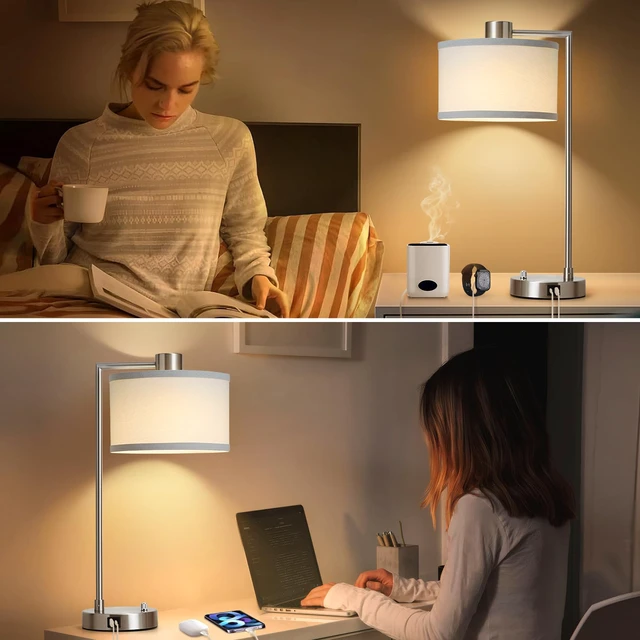 Alt view image 2 of 7 - Silver Table Lamp Set of 2, Dimmable Bedside Lamps for Night Stand, USB A+C Nightstand Lamp with Linen Lampshade, 2 LED Bulbs Included, Desk Lamp for Bedroom, Living Room, End Table, Reading, Office