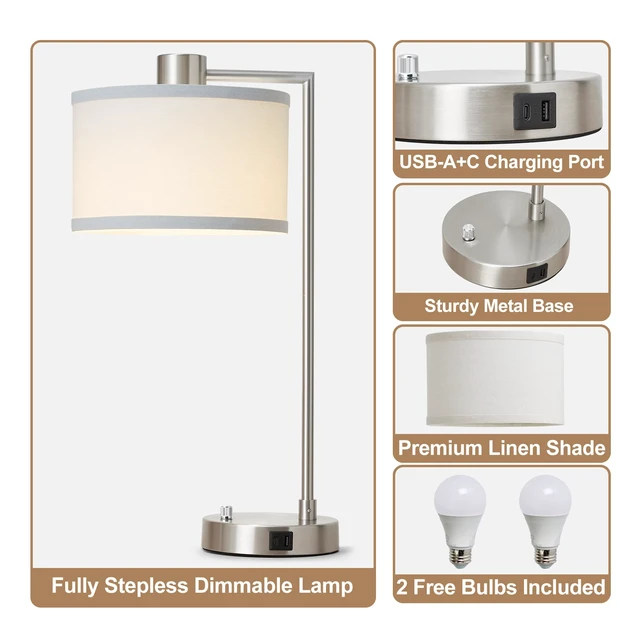 Alt view image 3 of 7 - Silver Table Lamp Set of 2, Dimmable Bedside Lamps for Night Stand, USB A+C Nightstand Lamp with Linen Lampshade, 2 LED Bulbs Included, Desk Lamp for Bedroom, Living Room, End Table, Reading, Office