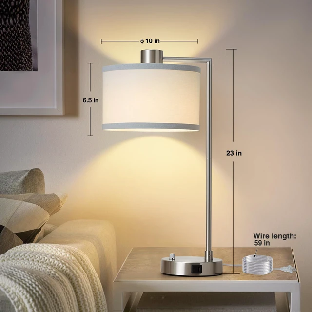 Alt view image 5 of 7 - Silver Table Lamp Set of 2, Dimmable Bedside Lamps for Night Stand, USB A+C Nightstand Lamp with Linen Lampshade, 2 LED Bulbs Included, Desk Lamp for Bedroom, Living Room, End Table, Reading, Office
