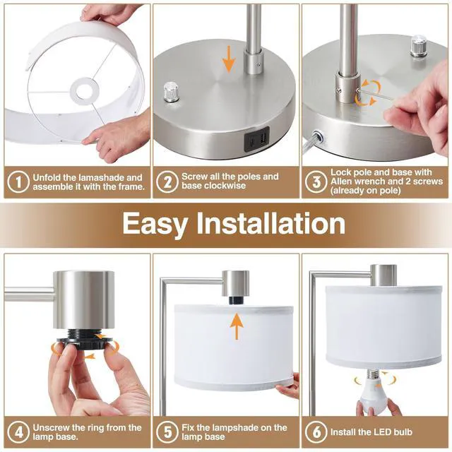 Alt view image 6 of 7 - Silver Table Lamp Set of 2, Dimmable Bedside Lamps for Night Stand, USB A+C Nightstand Lamp with Linen Lampshade, 2 LED Bulbs Included, Desk Lamp for Bedroom, Living Room, End Table, Reading, Office