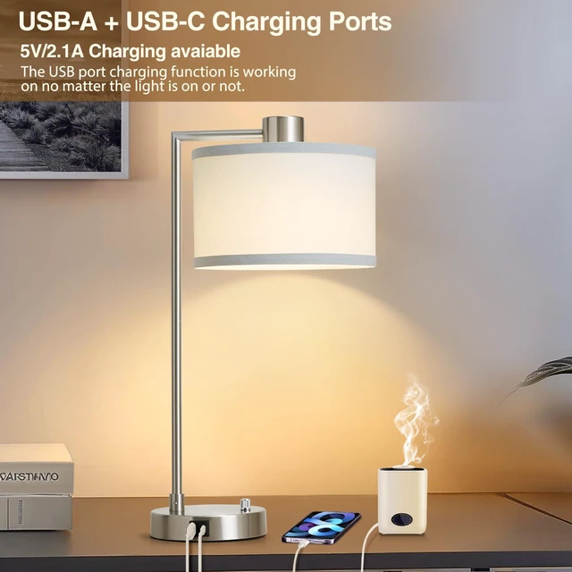 Alt view image 7 of 7 - Silver Table Lamp Set of 2, Dimmable Bedside Lamps for Night Stand, USB A+C Nightstand Lamp with Linen Lampshade, 2 LED Bulbs Included, Desk Lamp for Bedroom, Living Room, End Table, Reading, Office