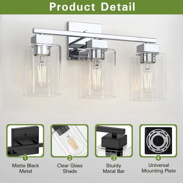 Alt view image 5 of 7 - Chrome Bathroom Vanity Light - 3 Light Bathroom Light Fixture Square Design & UL Certification, Bath Room Lighting Fixtures Over Mirror, Modern Vanity Lighting Fixture for Living Room