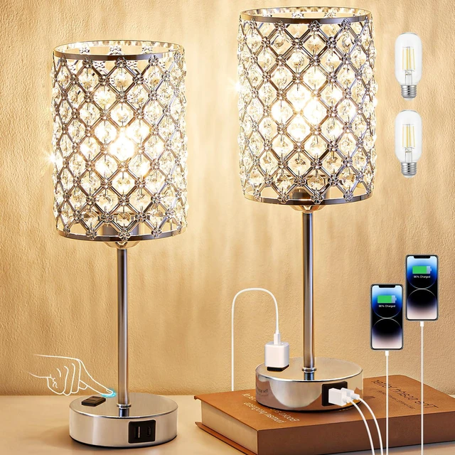 Main image of Sliver Crystal Table Lamps for Bedroom Set of 2, Nightstand Touch Lamp Touch Control Lamp with USB C+A Ports & AC Outlet, 3-Way Dimmable Bedside Lamp, Silver Dresser for Bedroom, Bulb Included