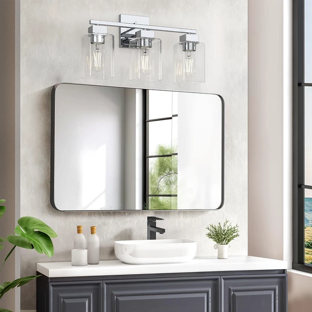 Alt view image 7 of 7 - Chrome Bathroom Vanity Light - 3 Light Bathroom Light Fixture Square Design & UL Certification, Bath Room Lighting Fixtures Over Mirror, Modern Vanity Lighting Fixture for Living Room