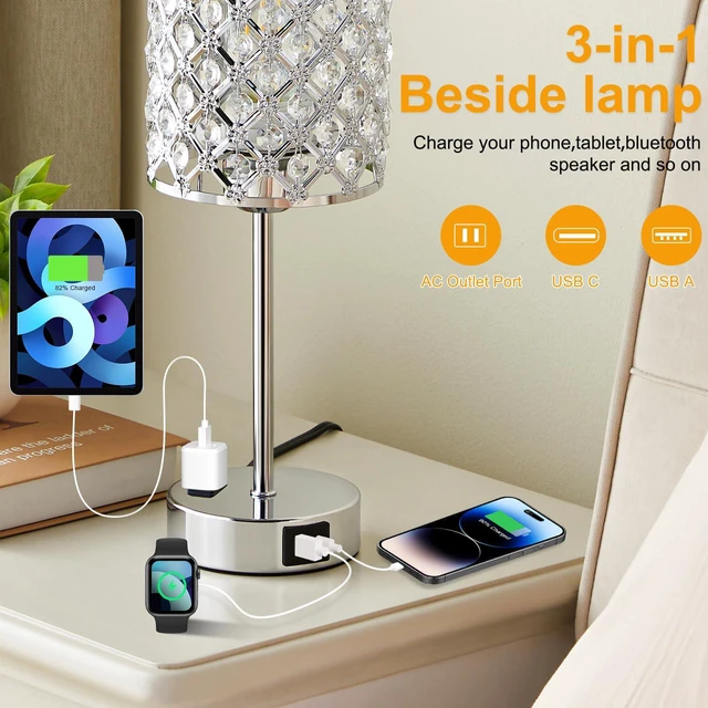 Alt view image 3 of 7 - Sliver Crystal Table Lamps for Bedroom Set of 2, Nightstand Touch Lamp Touch Control Lamp with USB C+A Ports & AC Outlet, 3-Way Dimmable Bedside Lamp, Silver Dresser for Bedroom, Bulb Included