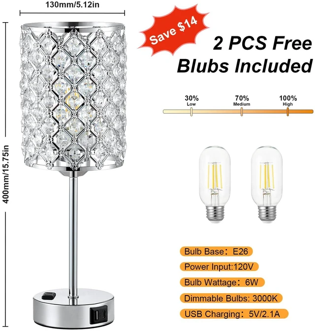 Alt view image 6 of 7 - Sliver Crystal Table Lamps for Bedroom Set of 2, Nightstand Touch Lamp Touch Control Lamp with USB C+A Ports & AC Outlet, 3-Way Dimmable Bedside Lamp, Silver Dresser for Bedroom, Bulb Included
