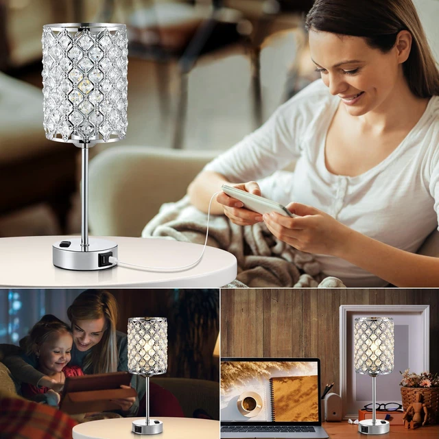 Alt view image 5 of 7 - Sliver Crystal Table Lamps for Bedroom Set of 2, Nightstand Touch Lamp Touch Control Lamp with USB C+A Ports & AC Outlet, 3-Way Dimmable Bedside Lamp, Silver Dresser for Bedroom, Bulb Included