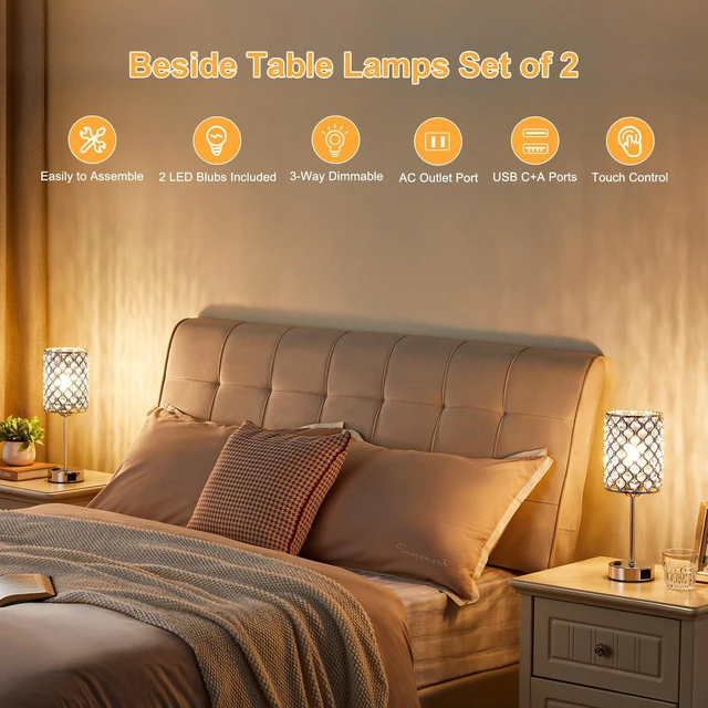 Alt view image 7 of 7 - Sliver Crystal Table Lamps for Bedroom Set of 2, Nightstand Touch Lamp Touch Control Lamp with USB C+A Ports & AC Outlet, 3-Way Dimmable Bedside Lamp, Silver Dresser for Bedroom, Bulb Included
