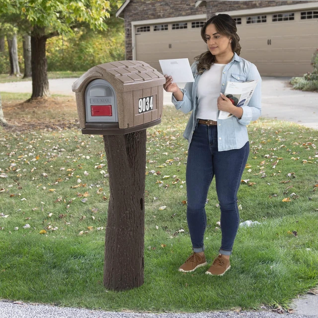 Alt view image 6 of 7 - Rustic Home Plastic Residential Cabin Mailbox & Post Mount Combo Kit with 2 Access Doors - Sandstone, Made in USA