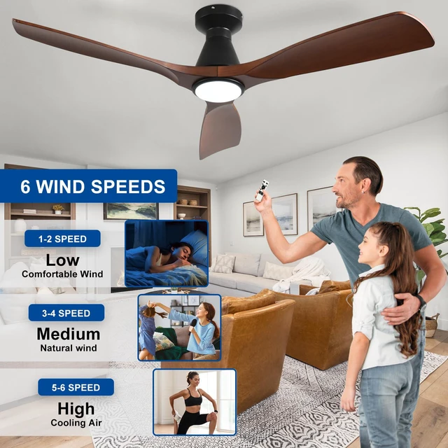 Alt view image 3 of 7 - 52-Inch Ceiling Fans with Lights: Walnut 3 Blade Flush Mount Low Profile Ceiling Fan for Bedroom - Dimmable Indoor Outdoor Fan with Remote Control Ultra Quiet DC Motor Timer
