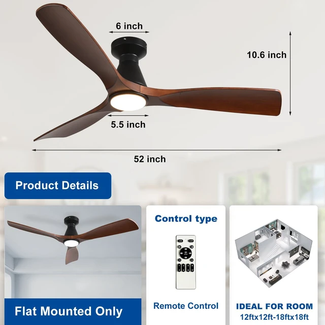 Alt view image 5 of 7 - 52-Inch Ceiling Fans with Lights: Walnut 3 Blade Flush Mount Low Profile Ceiling Fan for Bedroom - Dimmable Indoor Outdoor Fan with Remote Control Ultra Quiet DC Motor Timer