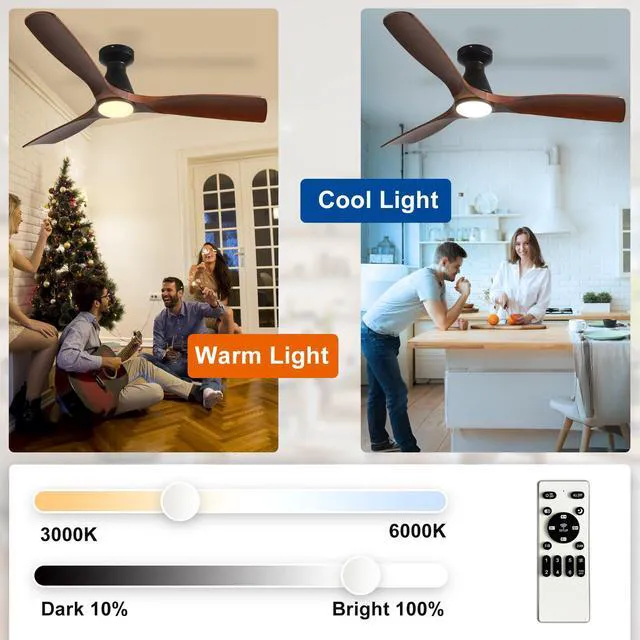 Alt view image 7 of 7 - 52-Inch Ceiling Fans with Lights: Walnut 3 Blade Flush Mount Low Profile Ceiling Fan for Bedroom - Dimmable Indoor Outdoor Fan with Remote Control Ultra Quiet DC Motor Timer