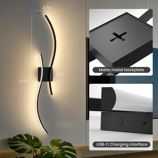 Alt view image 3 of 7 - 10000mAh Battery Operated Wall Sconces Set of 2, Black, 31.5 Inch 3CCT, Renter Friendly, Rechargeable Wall Lights, Remote, Dimmable, LED Cordless Lights for Living Room, Bedroom, Home Decor