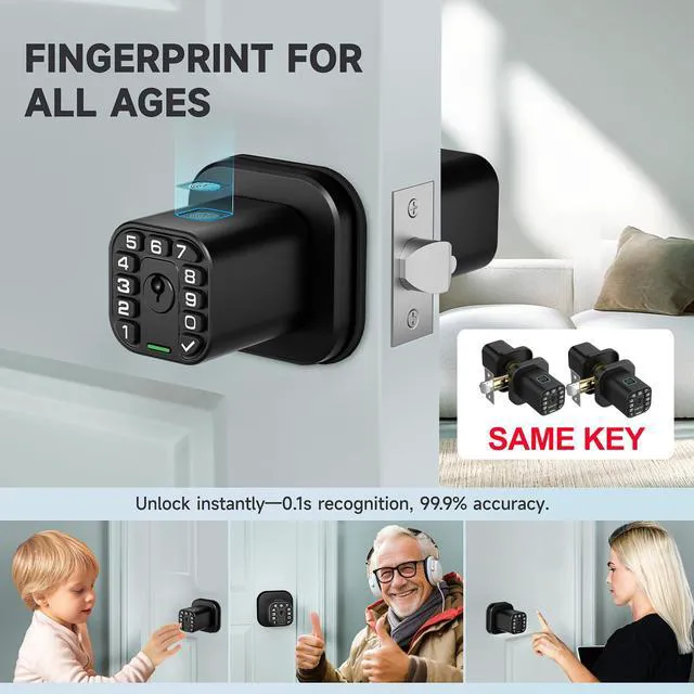 Alt view image 3 of 6 - Fingerprint Door knob, Smart Biometric Door Lock with Keypad, Keyless Entry Code Door Knob, Waterproof & Weatherproof, Auto Lock,Voice Navigation, For Bedroom, Gate,Office