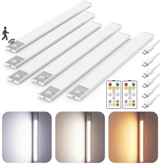 Main image of 16" Under Cabinet Lighting Wireless, Remote, Motion Sensor, 6Pack, Silver 0.33" Ultra-thin Aluminum Alloy Body, USB-C Rechargeable, 3-Color-Temp, Dimming, Magnetic, 30Day Runtime for Kitchen Closet