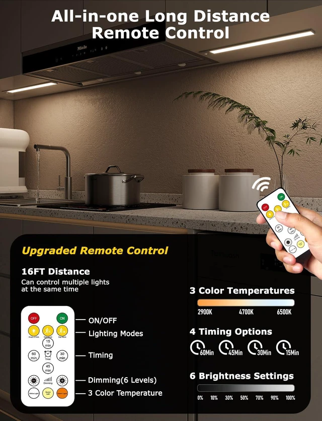Alt view image 2 of 7 - 16" Under Cabinet Lighting Wireless, Remote, Motion Sensor, 6Pack, Silver 0.33" Ultra-thin Aluminum Alloy Body, USB-C Rechargeable, 3-Color-Temp, Dimming, Magnetic, 30Day Runtime for Kitchen Closet