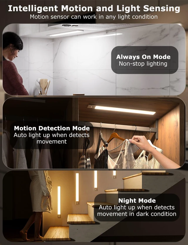 Alt view image 3 of 7 - 16" Under Cabinet Lighting Wireless, Remote, Motion Sensor, 6Pack, Silver 0.33" Ultra-thin Aluminum Alloy Body, USB-C Rechargeable, 3-Color-Temp, Dimming, Magnetic, 30Day Runtime for Kitchen Closet