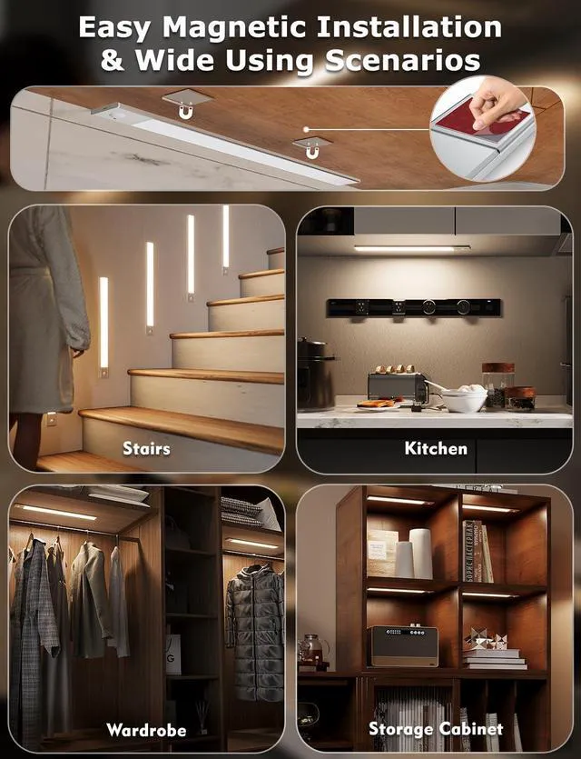 Alt view image 6 of 7 - 16" Under Cabinet Lighting Wireless, Remote, Motion Sensor, 6Pack, Silver 0.33" Ultra-thin Aluminum Alloy Body, USB-C Rechargeable, 3-Color-Temp, Dimming, Magnetic, 30Day Runtime for Kitchen Closet
