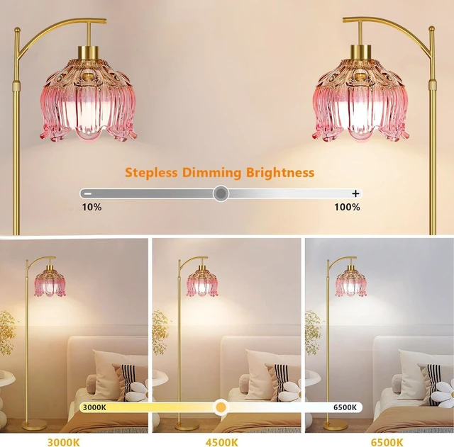 Alt view image 2 of 7 - Pink Floor Lamp for Living Room,Bedroom,Glass Gold Dimmable Standing Lamp with Remote,Mid Century Modern Brass Tall Lamp Boho Floor Lamps Arc Stained Tulip Flower Floor Light Lamp Bohemian