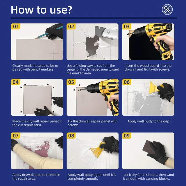 Alt view image 6 of 7 - Drywall Repair Kit with 20"x20" Panel - Large Hole Patch for Walls Quick and easy Sheetrock repair solution. Includes tools for wall surface hole filling and patching