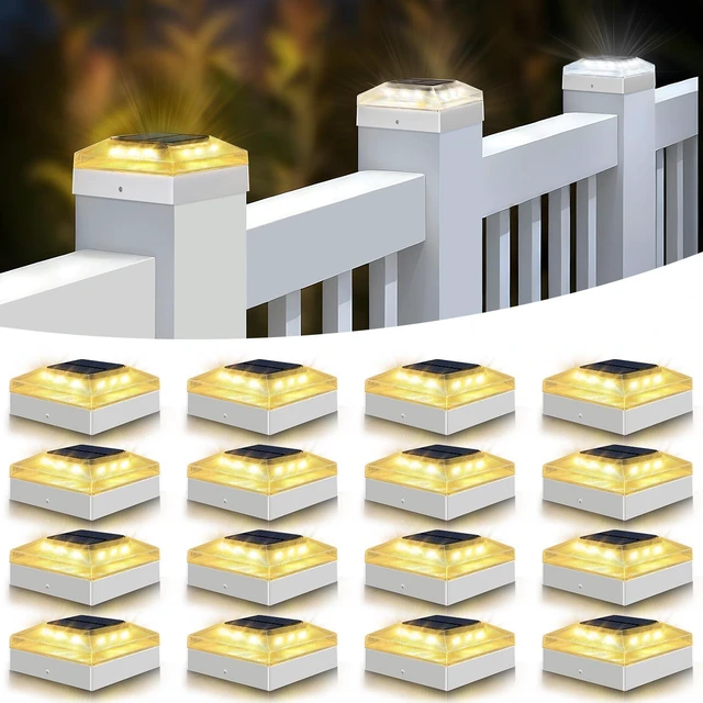 Main image of 4x4 Solar Post Cap Lights Outdoor 16 Pack, 3 Color Modes/Dusk to Dawn/IP65 Waterproof, Fits 4x4 Vinyl/PVC Wood Posts Top, White LED Fence Topper Light for Deck, Backyard