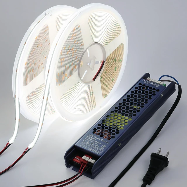 Main image of 24V COB LED Strip Lights 65.6ft CRI 93 Cuttable with Power Supply 6000K Cool White LED Tape Light Adhesive 160W 312LEDs/m for Bedroom Kitchen Living Room Ceiling, 2 Rolls of 32.8ft
