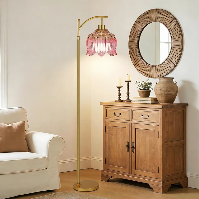 Alt view image 3 of 7 - Pink Floor Lamp for Living Room,Bedroom,Glass Gold Dimmable Standing Lamp with Remote,Mid Century Modern Brass Tall Lamp Boho Floor Lamps Arc Stained Tulip Flower Floor Light Lamp Bohemian
