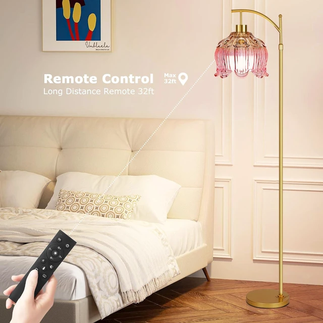 Alt view image 4 of 7 - Pink Floor Lamp for Living Room,Bedroom,Glass Gold Dimmable Standing Lamp with Remote,Mid Century Modern Brass Tall Lamp Boho Floor Lamps Arc Stained Tulip Flower Floor Light Lamp Bohemian